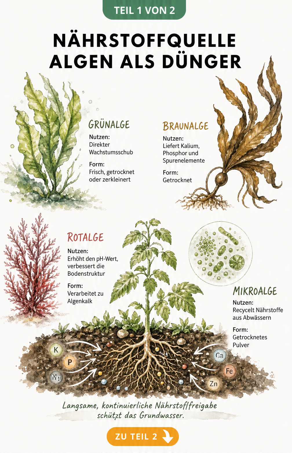 Botanische Illustration von Grün-, Braun-, Rot- und Mikroalgen mit ihren Nährstoffen und Wirkweisen als Dünger