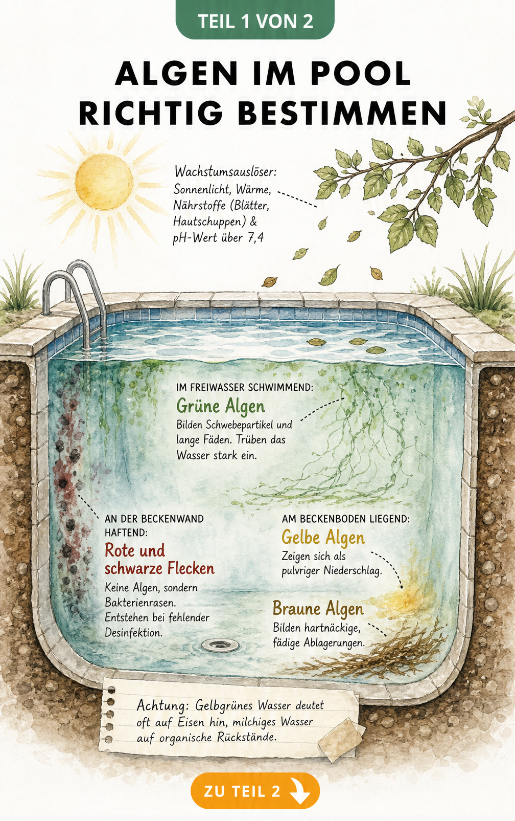 Querschnitt eines Pools mit Darstellung von grünen, gelben und braunen Algen sowie Bakterienrasen
