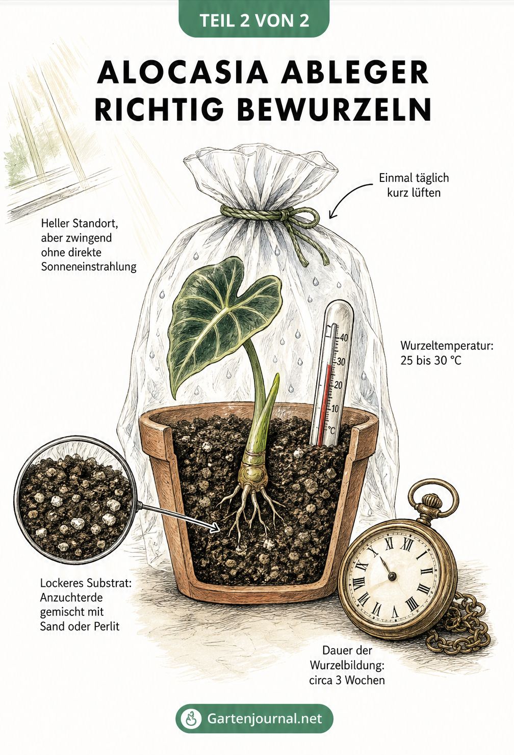 Querschnitt eines Terrakotta-Topfs mit Alocasia-Ableger unter einer Plastiktüte zur Bewurzelung