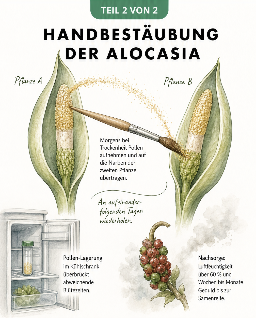Illustration der manuellen Bestäubung zweier Alocasia-Blüten mit einem Pinsel und Pollen-Lagerung im Kühlschrank