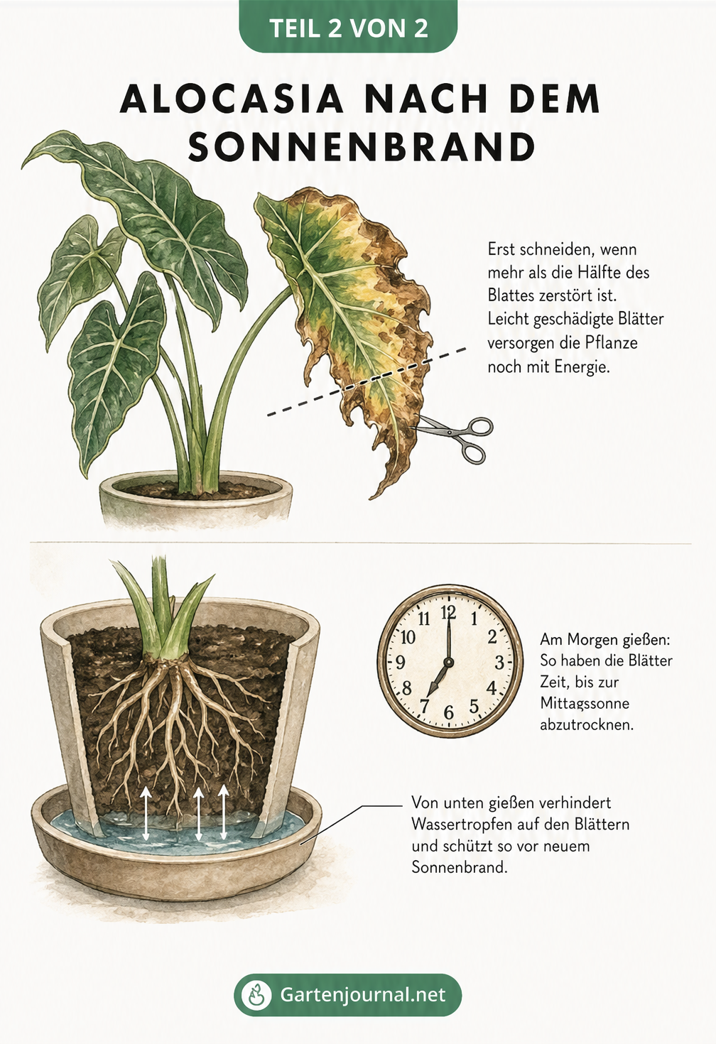 Illustration einer Alocasia im Topf, die die 50-Prozent-Regel beim Blattschnitt und das Gießen von unten zeigt.