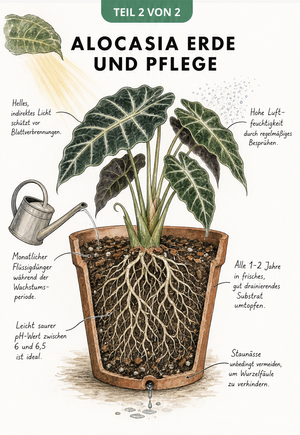 Querschnitt einer Alocasia im Topf mit Hinweisen zu pH-Wert, Drainage, Licht, Luftfeuchtigkeit und Düngung.