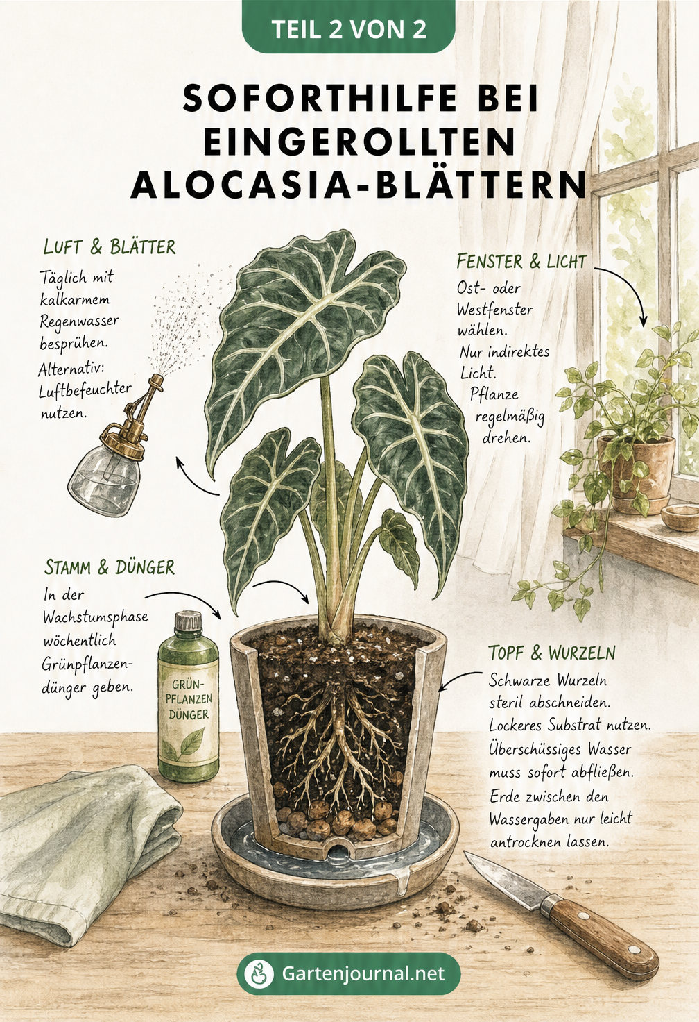 Querschnitt eines idealen Alocasia-Standorts am Fenster mit Tipps zu Licht, Luftfeuchtigkeit, Dünger und Substrat