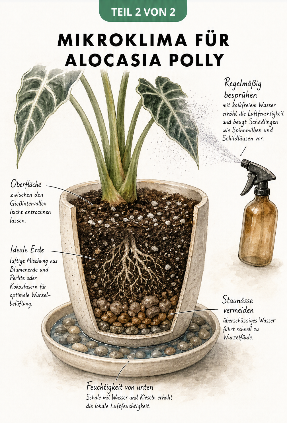 Botanische Illustration des unteren Teils der Alocasia Polly mit Schnittzeichnung des Topfes, Erde, Untersetzer und Sprühnebel