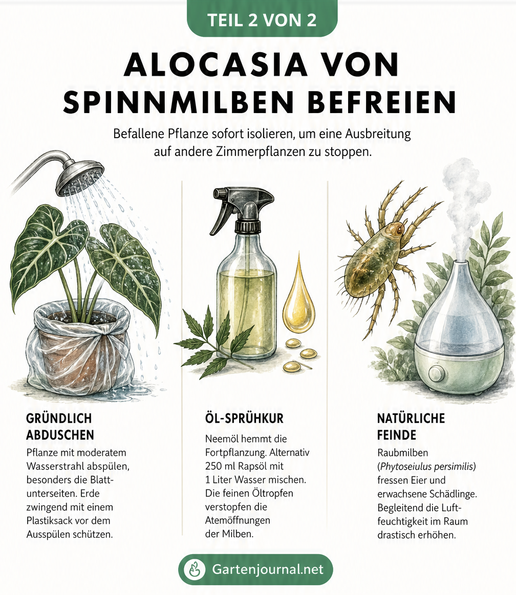 Illustrationen zur Bekämpfung von Spinnmilben an Alocasia: Pflanze abduschen, mit Neemöl besprühen und Raubmilben einsetzen.