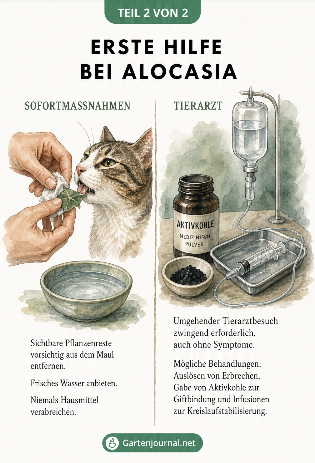 Illustration von Erste-Hilfe-Maßnahmen bei Alocasia-Vergiftung und tierärztlicher Behandlung