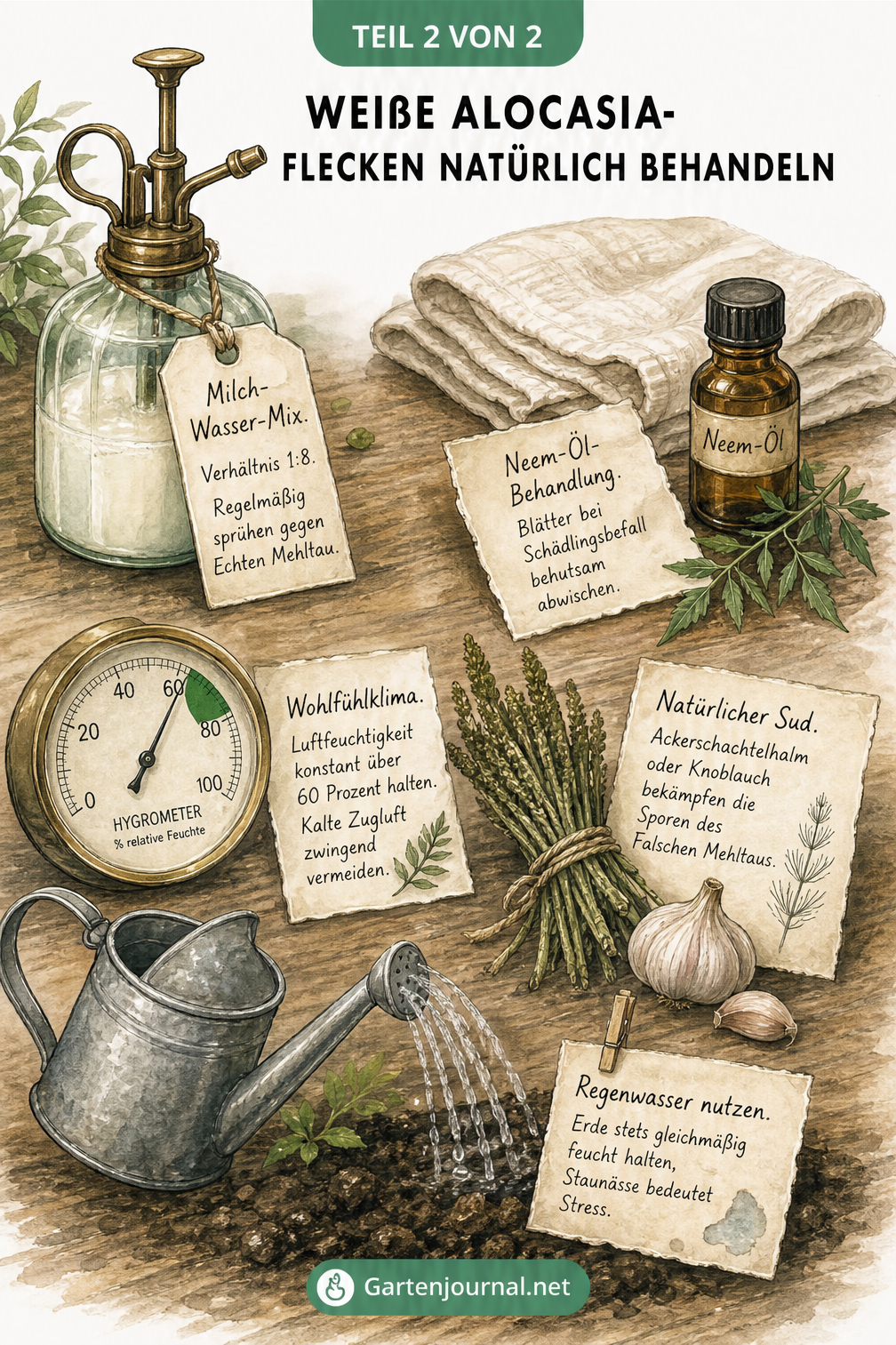 Illustration eines Gärtner-Arbeitstisches mit natürlichen Mitteln wie Milch-Wasser-Mix, Neem-Öl, Hygrometer und Ackerschachtelhalm zur Behandlung von...