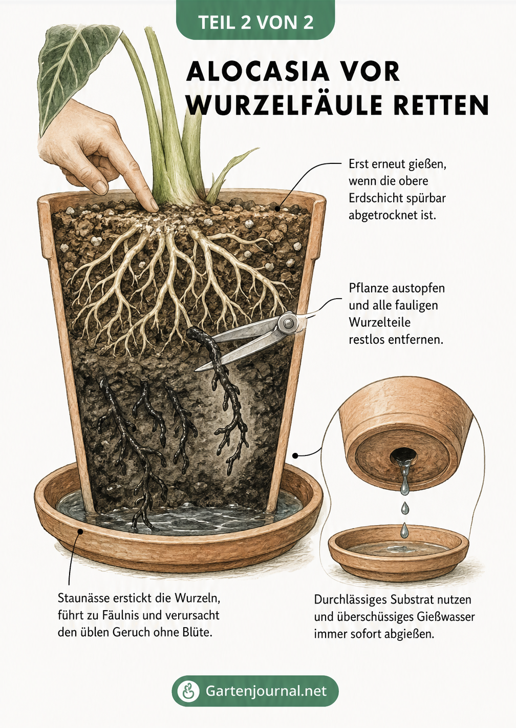 Querschnitt eines Pflanztopfes mit Alocasia, der faulige Wurzeln durch Staunässe und die richtigen Pflegeschritte wie Wurzelschnitt und durchlässiges Substrat...