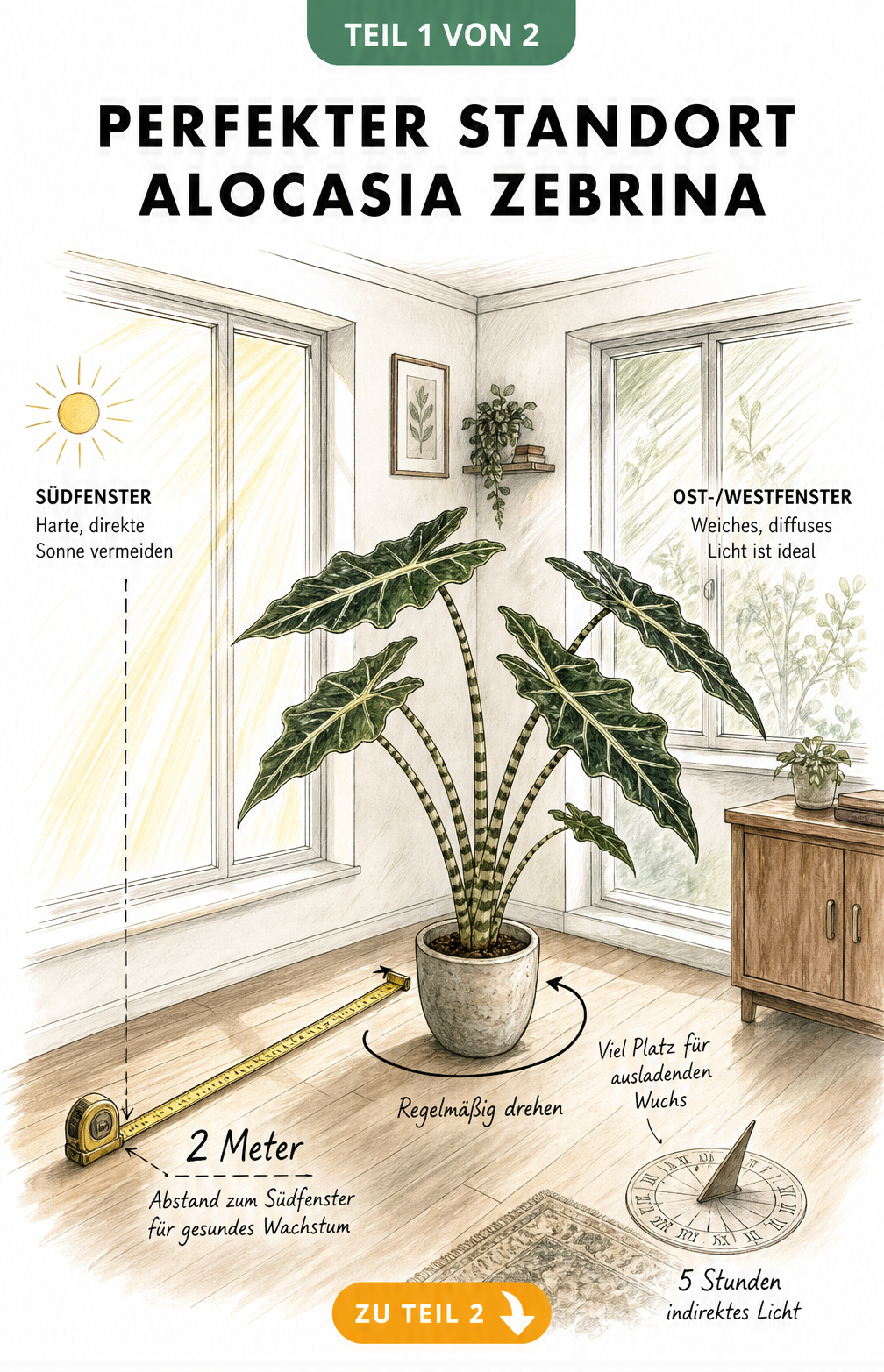Isometrische Raumskizze, die den perfekten Standort für die Alocasia zebrina zeigt, mit Maßband für 2 Meter Abstand zum Südfenster und Sonnenuhr für 5 Stunden...