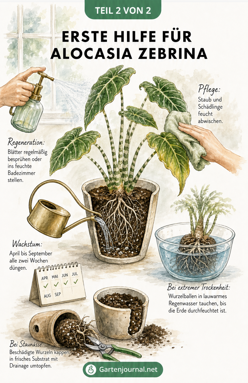 Illustration zur Pflege der Alocasia Zebrina mit Tipps zum Besprühen, Düngen und Umtopfen bei Staunässe