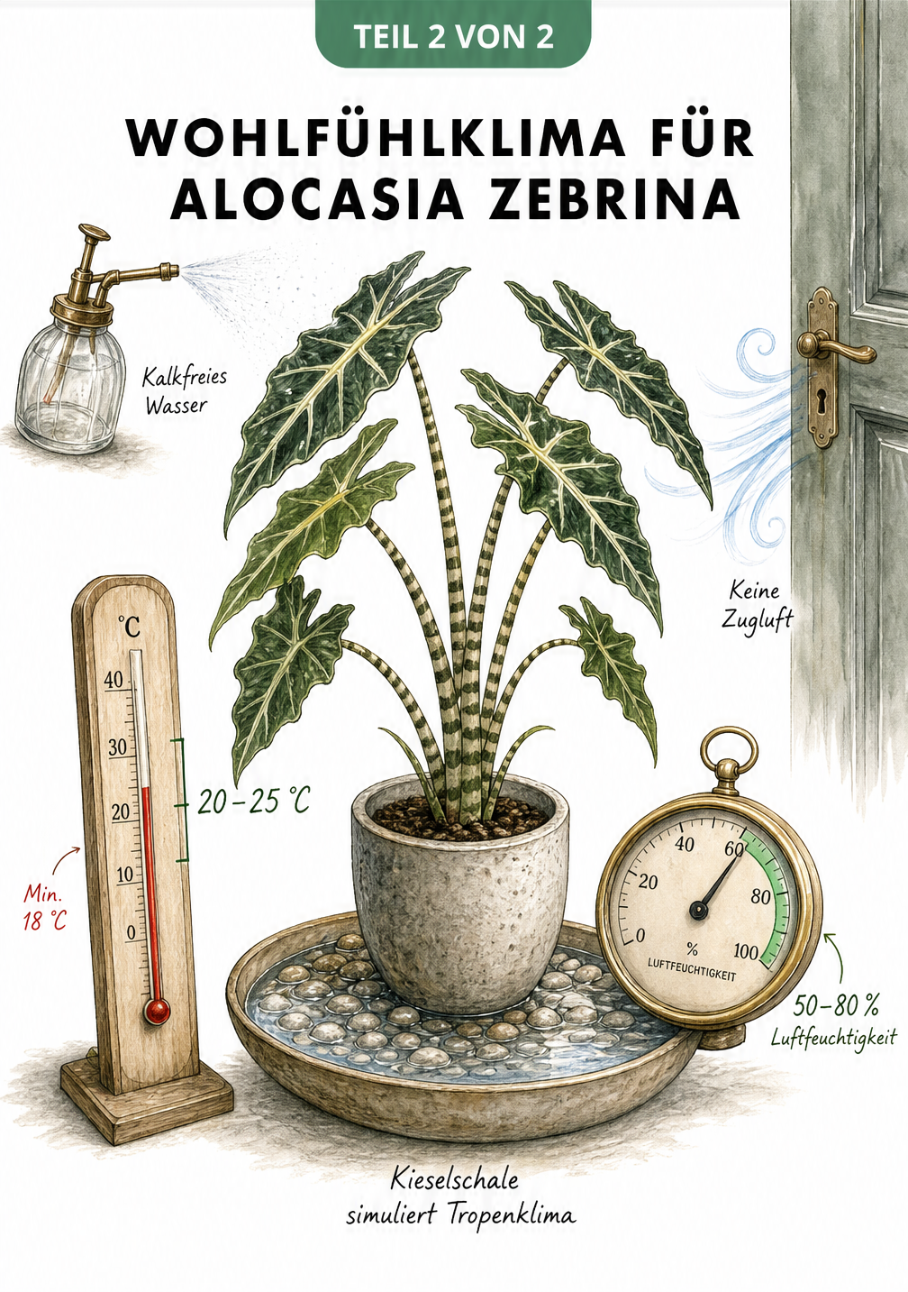 Botanische Illustration der Alocasia zebrina mit Thermometer (20-25 °C), Hygrometer (50-80 % Luftfeuchtigkeit), Kieselschale und Sprühflasche zur Simulation...