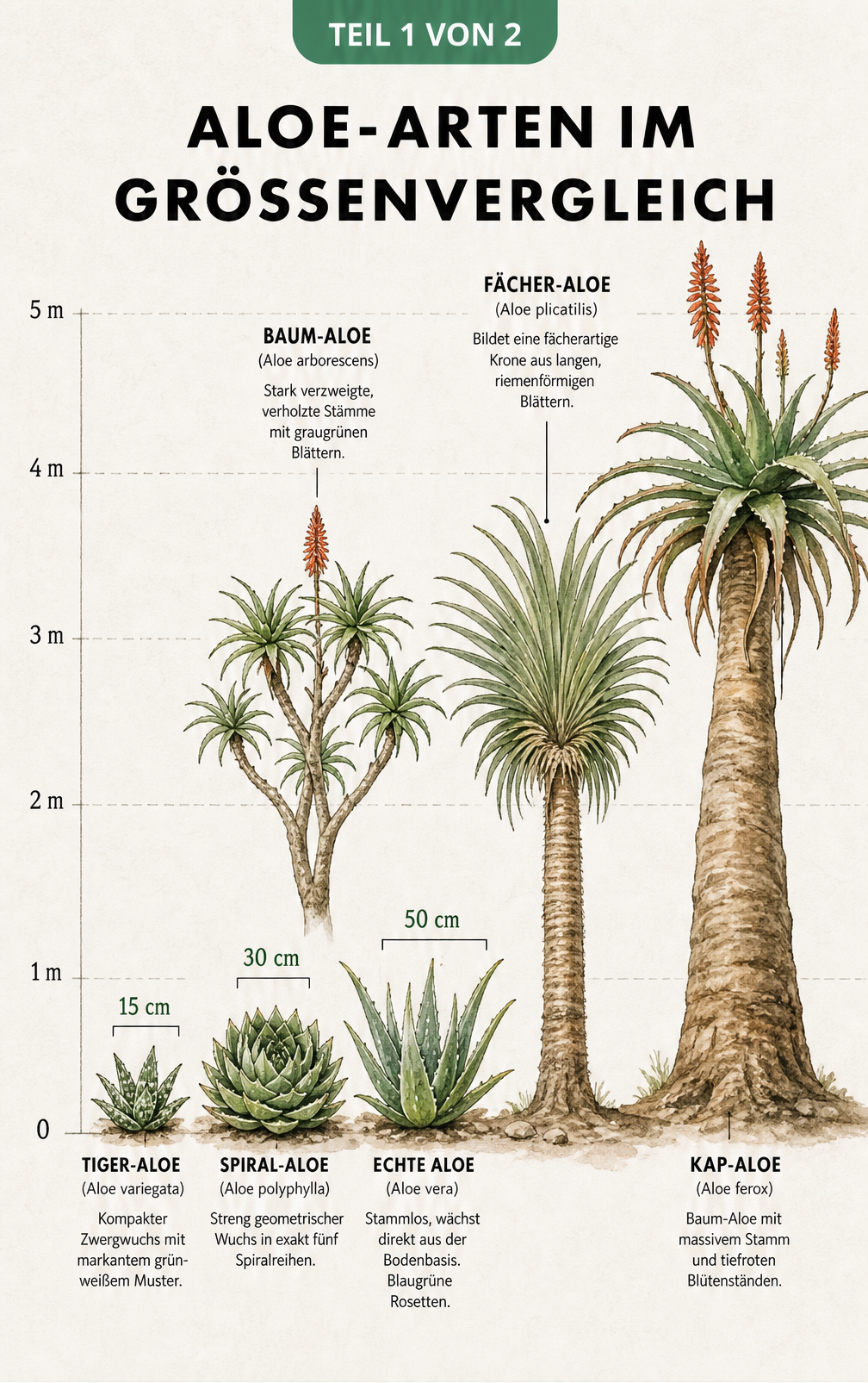 Größenvergleich verschiedener Aloe-Arten von der kleinen Tiger-Aloe bis zur 5 Meter hohen Kap-Aloe