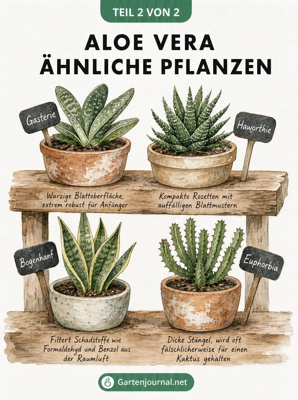 Illustration von vier Sukkulenten im Regal: Gasterie, Haworthie, Bogenhanf und Euphorbia