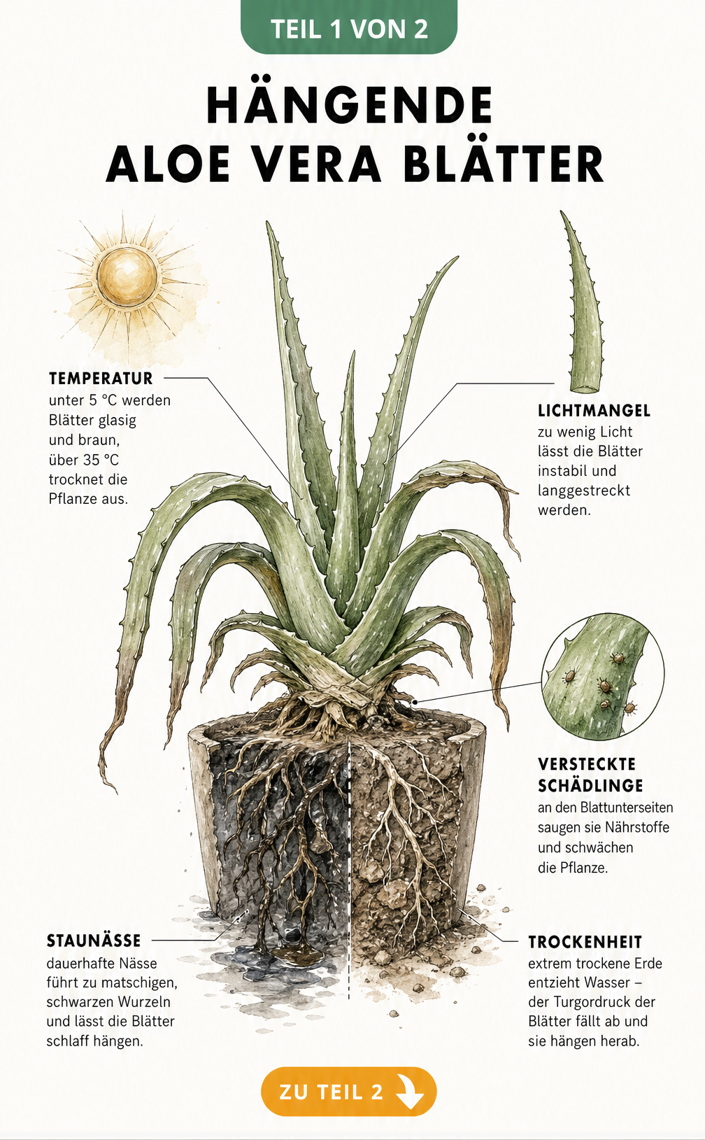 Botanische Illustration einer Aloe Vera im Querschnitt mit hängenden Blättern, die Ursachen wie Temperatur, Lichtmangel und Wurzelfäule zeigt.