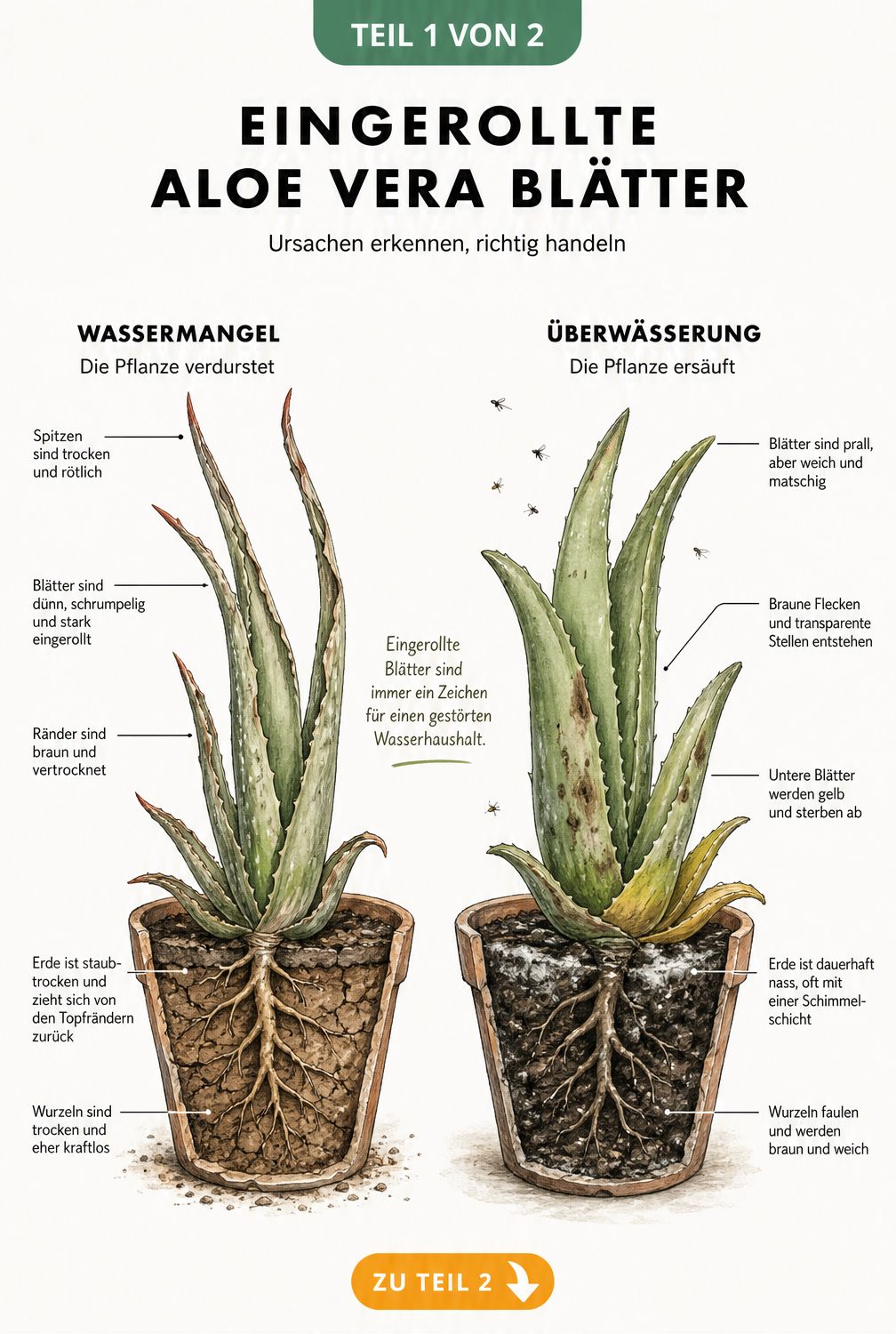 Botanische Illustration zweier kranker Aloe-Vera-Pflanzen im Querschnitt, die die Symptome von Wassermangel und Überwässerung vergleicht.