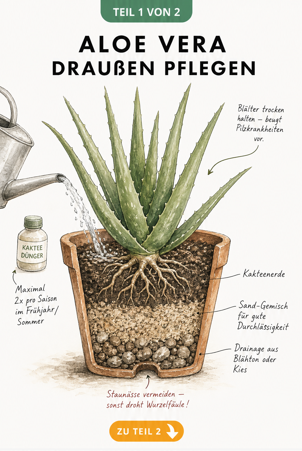 Botanische Illustration einer Aloe Vera im Querschnitt mit Kakteenerde, Gießkanne und Dünger.