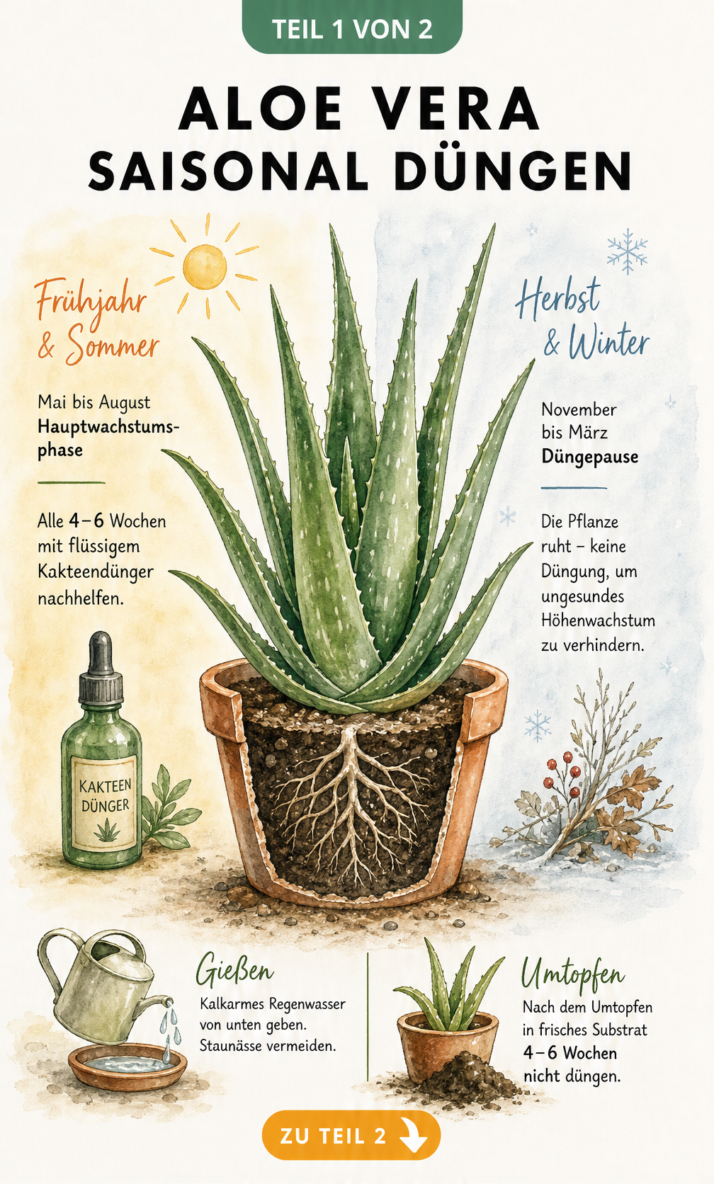 Aquarell-Illustration einer Aloe Vera im Terrakotta-Topf, die den Düngezyklus im Jahresverlauf zeigt