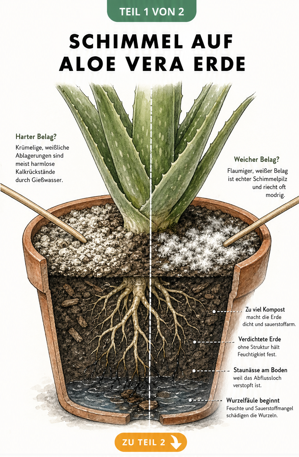 Illustration einer Aloe Vera im Topf, die den Unterschied zwischen harmlosen Kalkablagerungen und echtem Schimmel auf der Erde zeigt.