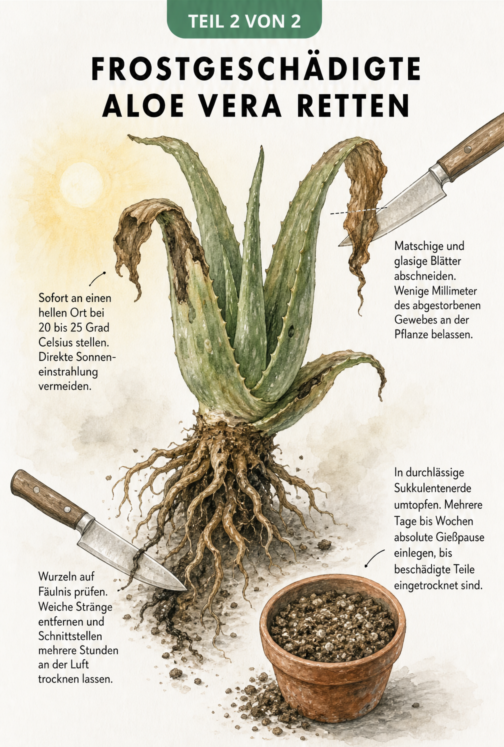 Botanische Illustration einer frostgeschädigten Aloe Vera mit Anleitung zum Abschneiden matschiger Blätter und fauler Wurzeln