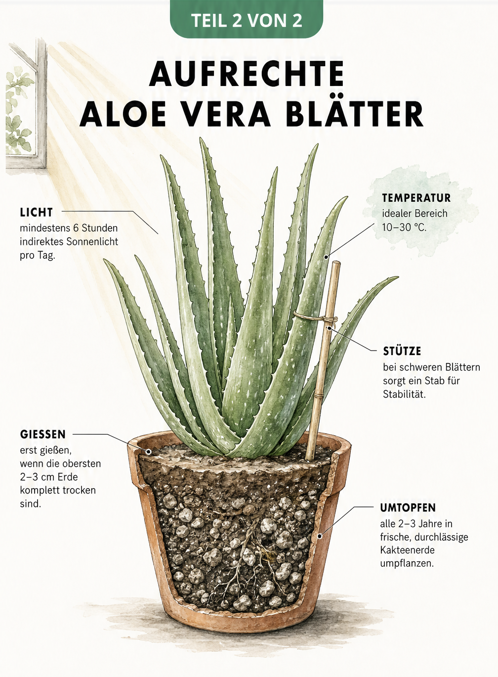 Schnittbild einer gesunden, aufrechten Aloe Vera im Terrakotta-Topf mit Hinweisen zu Erde, Licht und Temperatur.