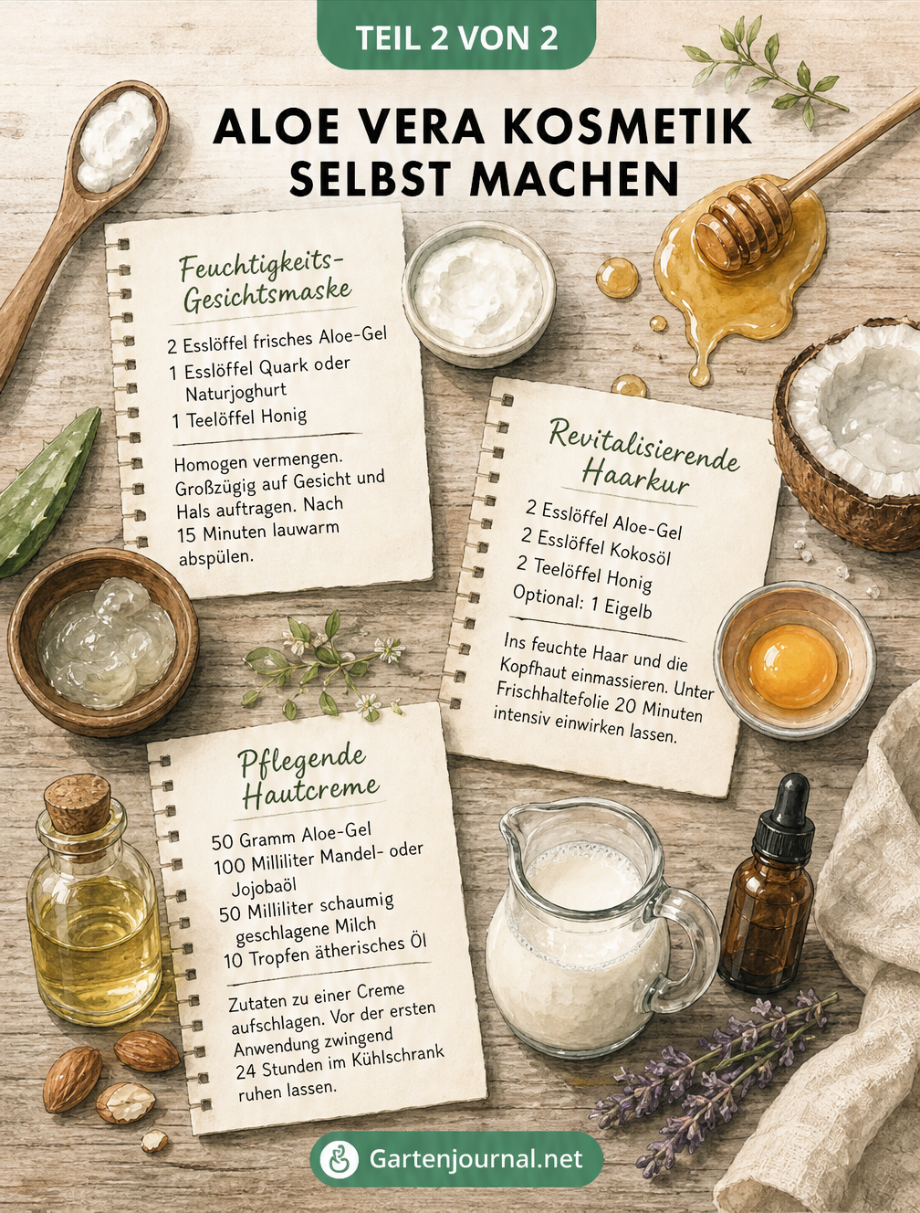 Draufsicht auf einen Holztisch mit Zutaten für Naturkosmetik: Aloe-Vera-Gel, Honig, Kokosöl und Mandelöl für Gesichtsmaske, Haarkur und Hautcreme.