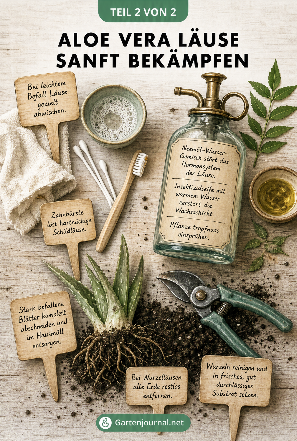 Pflanztisch mit Hausmitteln gegen Läuse: Seifenwasser, Zahnbürste, Neemöl-Spray und frische Erde zum Umtopfen.