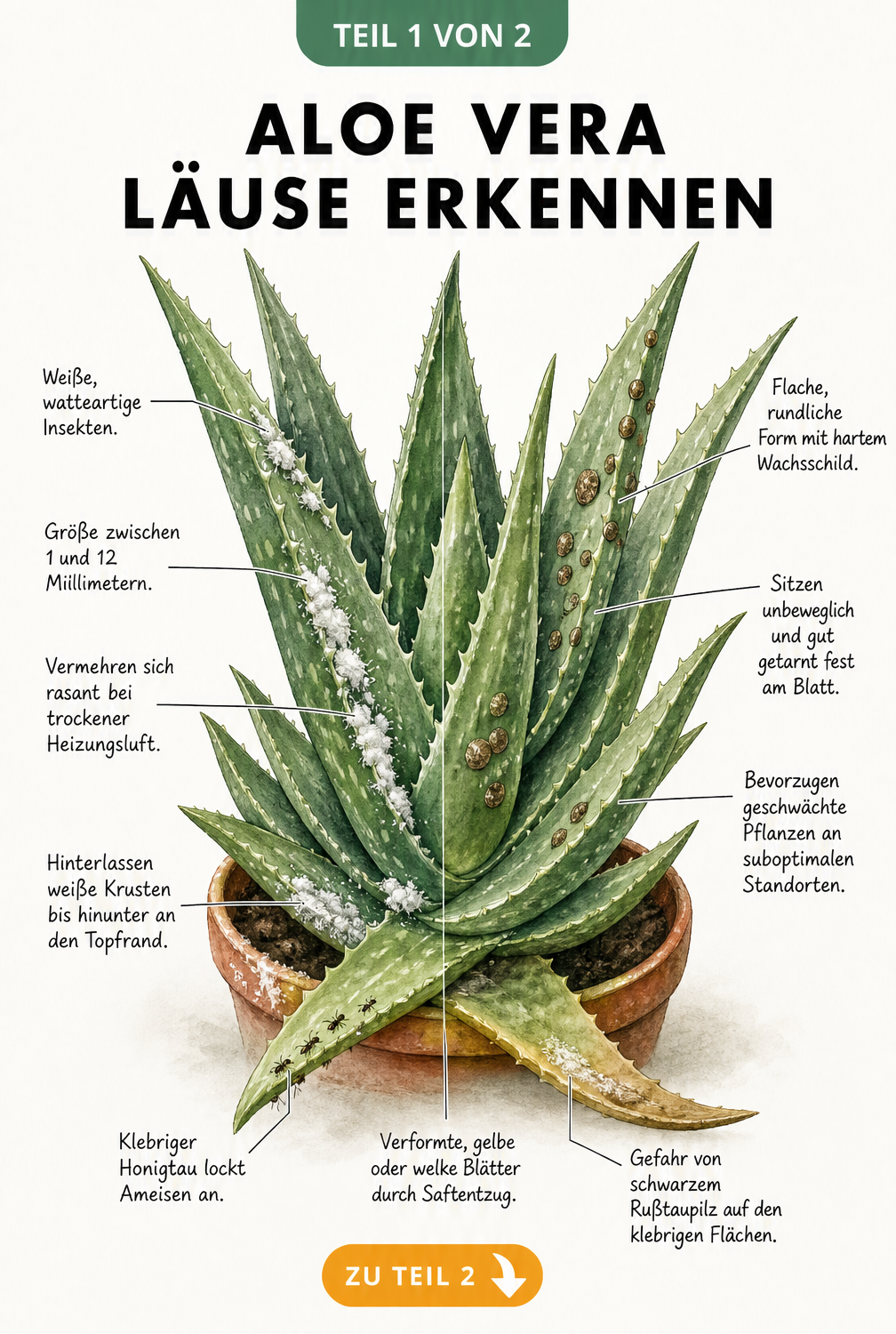 Botanische Illustration einer Aloe Vera mit Wollläusen und Schildläusen sowie Schadbildern wie vergilbten Blättern.