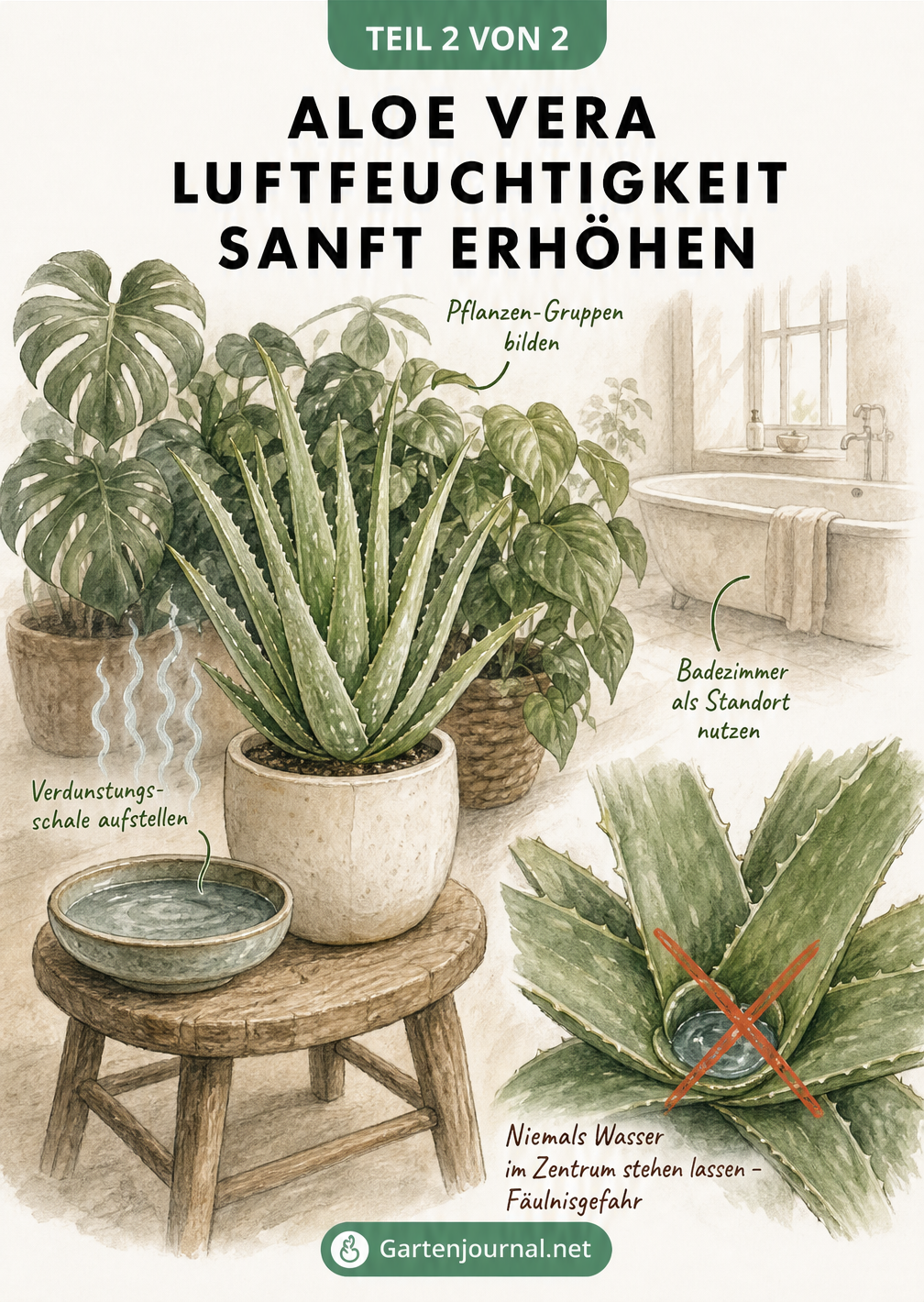 Illustration einer Aloe Vera mit Methoden zur Erhöhung der Luftfeuchtigkeit wie Verdunstungsschale, Pflanzengruppen und Badezimmer-Standort