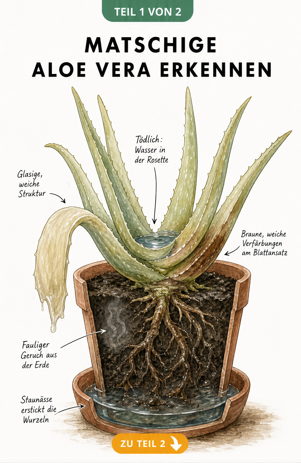 Querschnitt einer kranken Aloe Vera im Topf mit matschigen Blättern, fauligen Wurzeln und Staunässe im Untersetzer