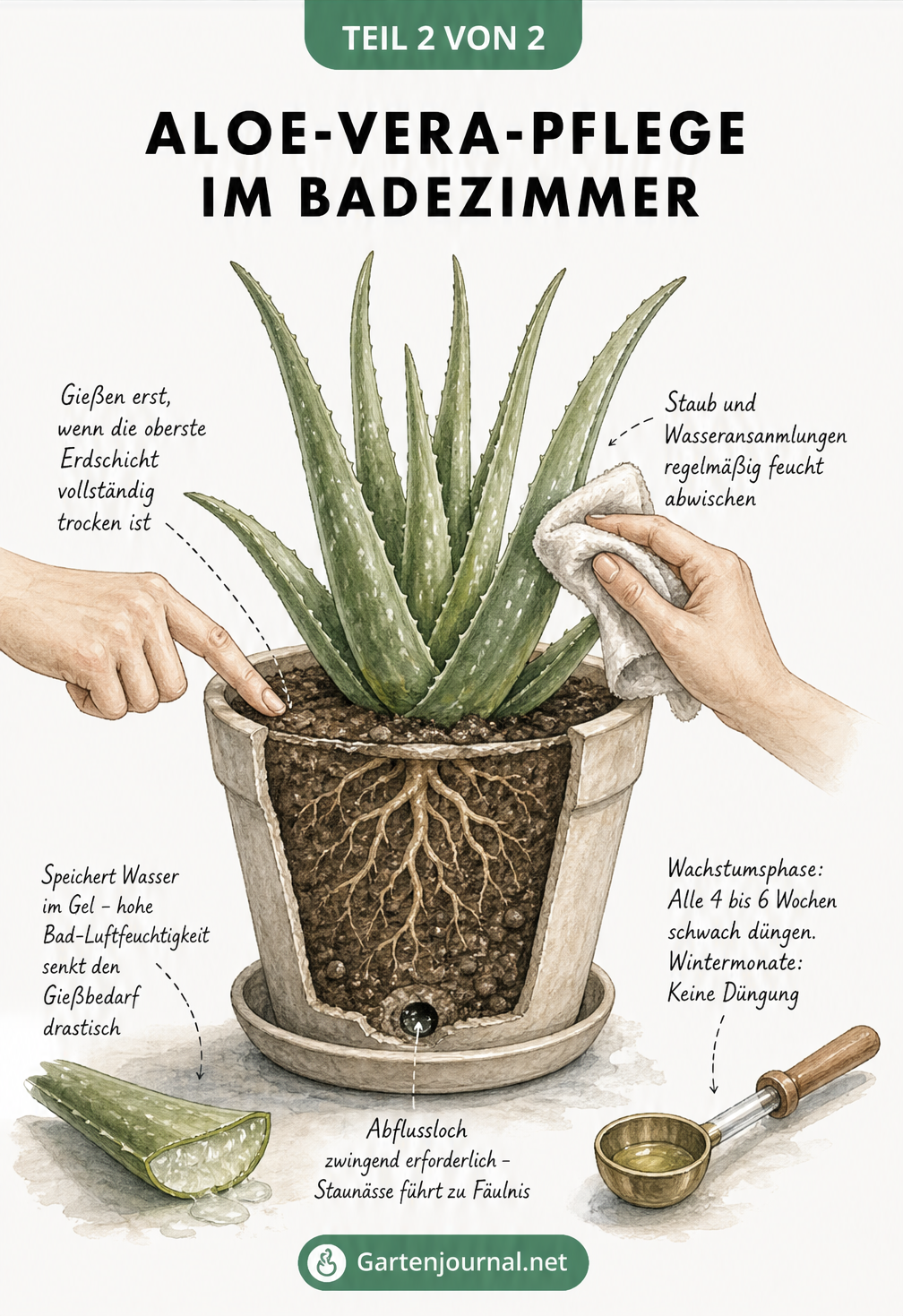 Detaillierte botanische Zeichnung einer Aloe Vera im Topf mit Schnittmodell der Erde und Pflegehinweisen zu Gießen, Düngen und Abflussloch.