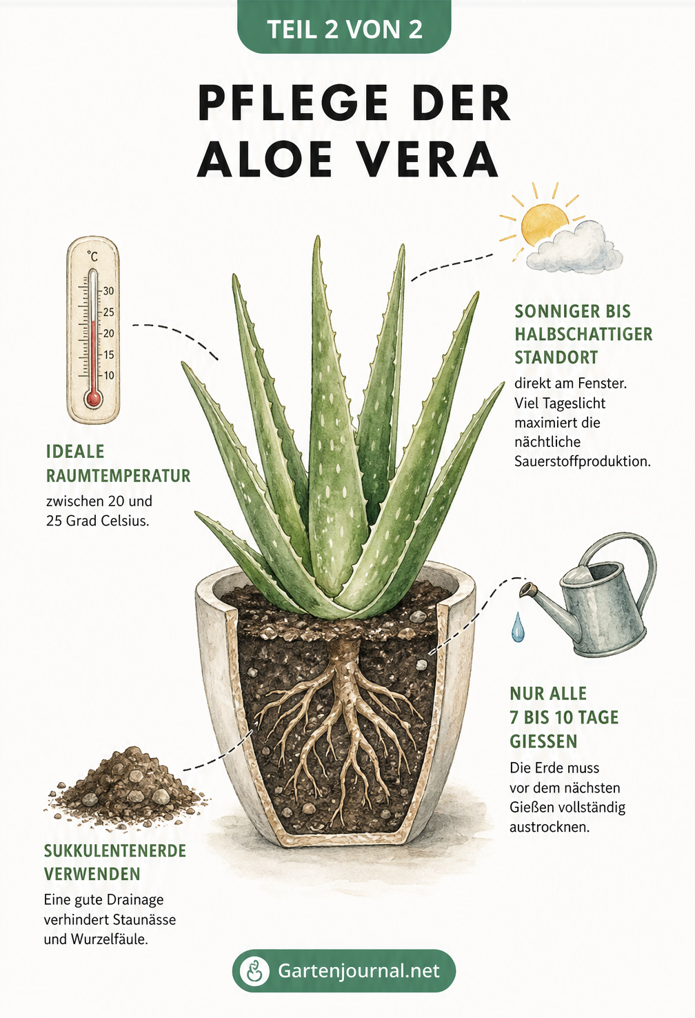 Skizze zur Pflege der Aloe Vera mit Hinweisen zu Standort, Temperatur, Gießen und Erde