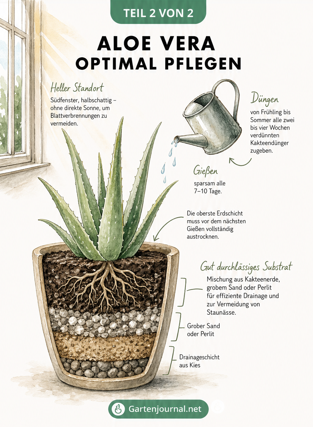 Schnittbild einer Aloe Vera im Topf mit Hinweisen zu Standort, Gießen und Substrat