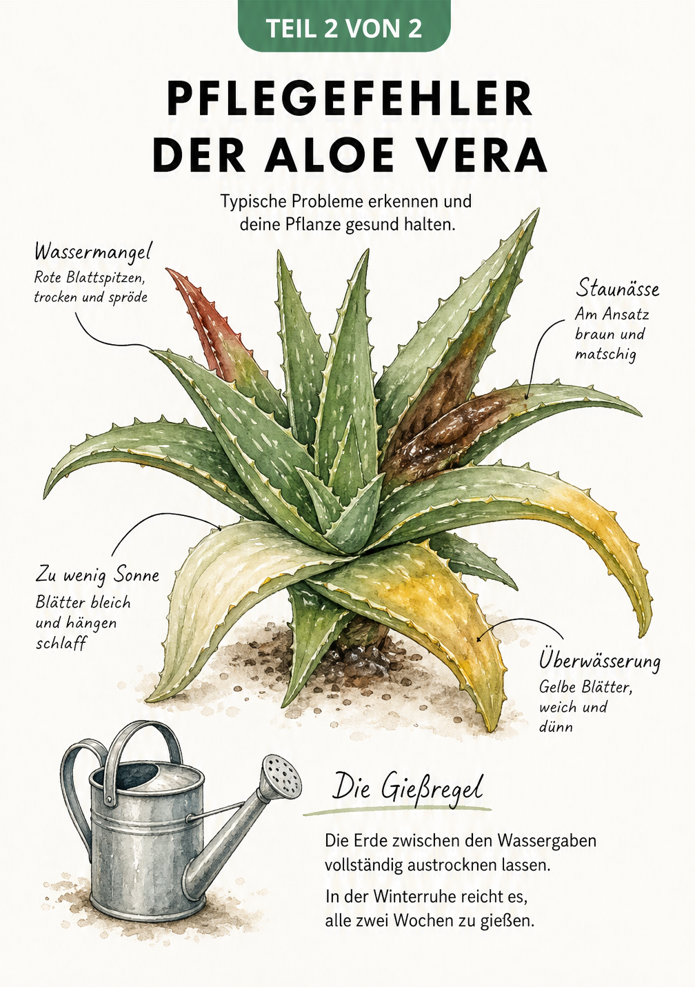 Illustration einer Aloe-Vera-Rosette, die verschiedene Pflegefehler wie Überwässerung, Staunässe, Wassermangel und fehlende Sonne zeigt
