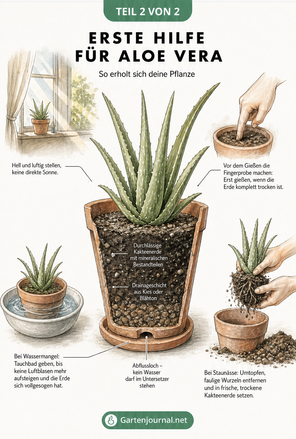 Detaillierte Schnittzeichnung eines Pflanztopfes mit einer gesunden Aloe Vera, umgeben von Vignetten zu Pflegemaßnahmen wie Gießen, Tauchbad und Umtopfen.