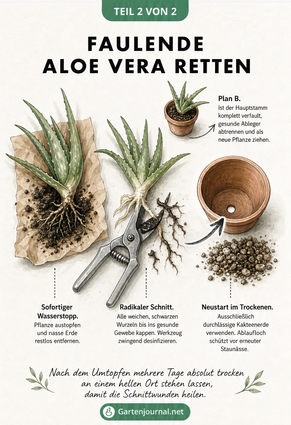 Illustration einer ausgetopften Aloe Vera, bei der verfaulte Wurzeln abgeschnitten werden, und ein neuer Topf mit durchlässiger Erde.