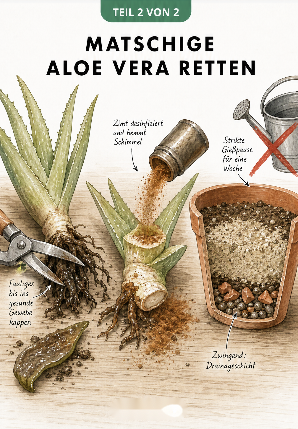 Illustration zur Rettung einer Aloe Vera: Faulige Wurzeln abschneiden, Schnittstellen mit Zimt bestreuen und in neuen Topf mit Drainage pflanzen