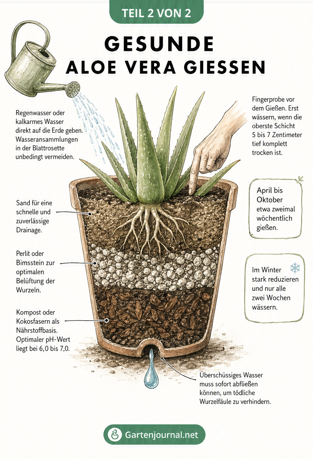 Querschnitt eines Blumentopfs mit Aloe Vera, der das Gießen, die Fingerprobe und die Erdschichten aus Sand, Perlit und Kompost zeigt