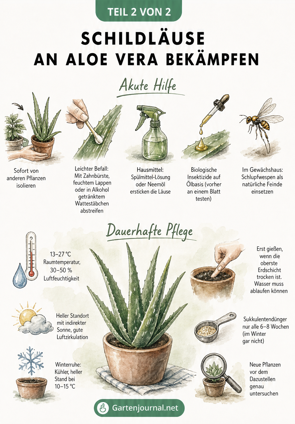 Illustration zur Bekämpfung von Schildläusen an Aloe Vera, die Akuthilfe wie Isolieren und Hausmittel sowie Tipps zur dauerhaften Pflege zeigt.