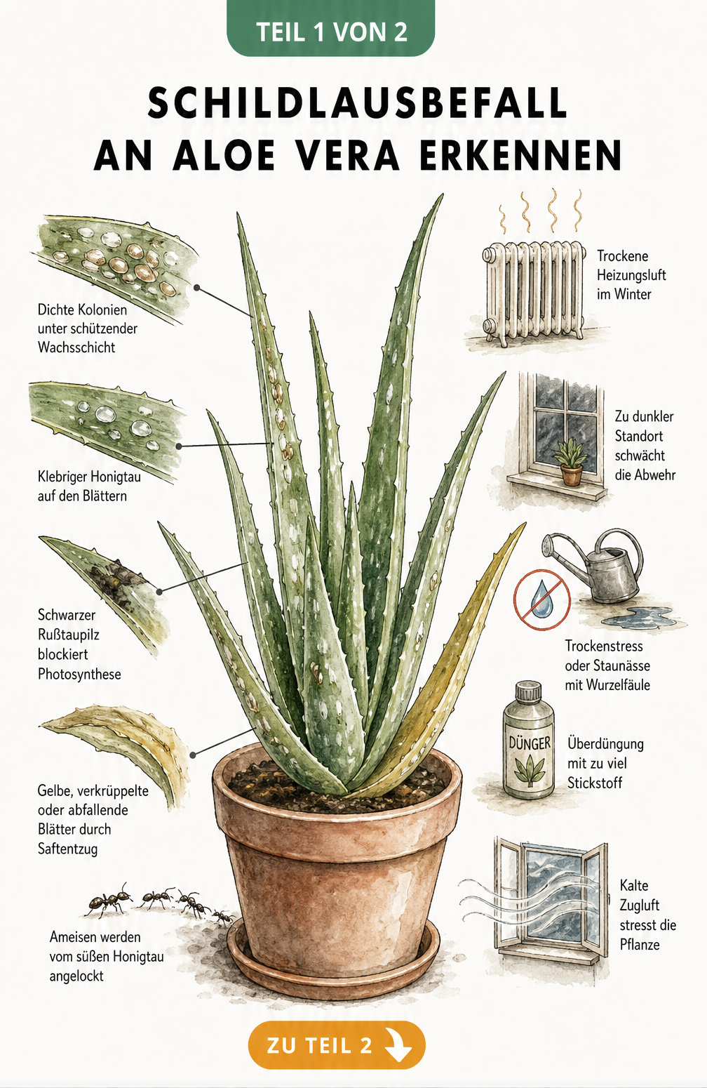 Illustration einer Aloe Vera mit Schildlausbefall, die sichtbare Symptome wie Honigtau und Rußtaupilz sowie unsichtbare Ursachen wie Heizungsluft und...