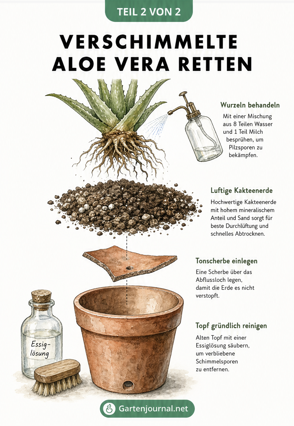 Explosionszeichnung zur Rettung einer verschimmelten Aloe Vera mit Wurzelbehandlung, neuer Kakteenerde und gereinigtem Topf.