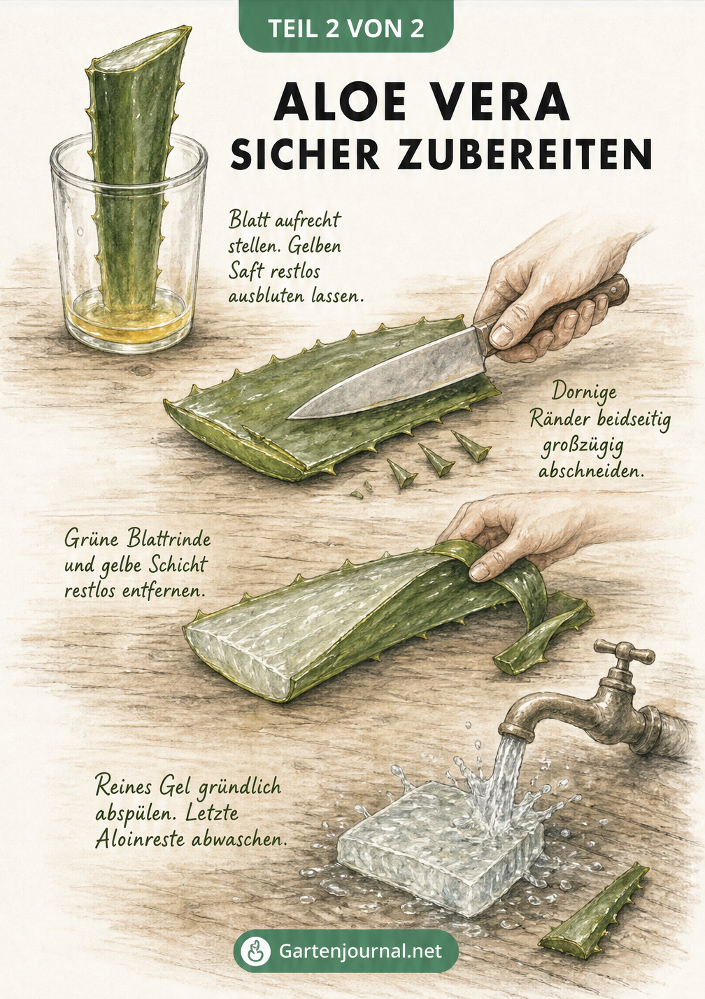 Illustration der vier Schritte zur sicheren Zubereitung von Aloe Vera: Ausbluten, Ränder abschneiden, Rinde entfernen und Gel abspülen