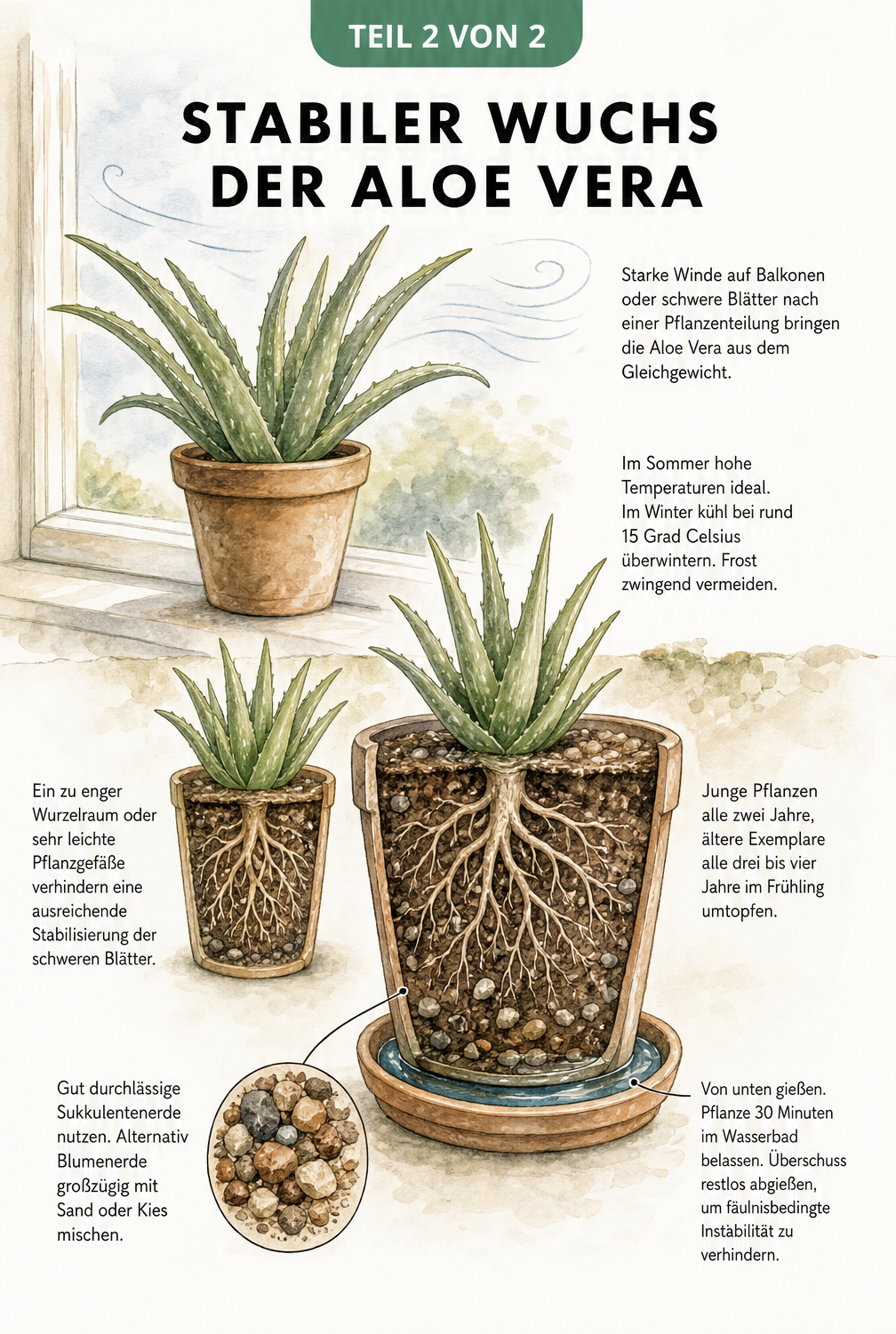 Aquarell-Grafik zeigt Ursachen für Instabilität bei Aloe Vera über und unter der Erde, wie Wind, falsche Töpfe und Gießfehler