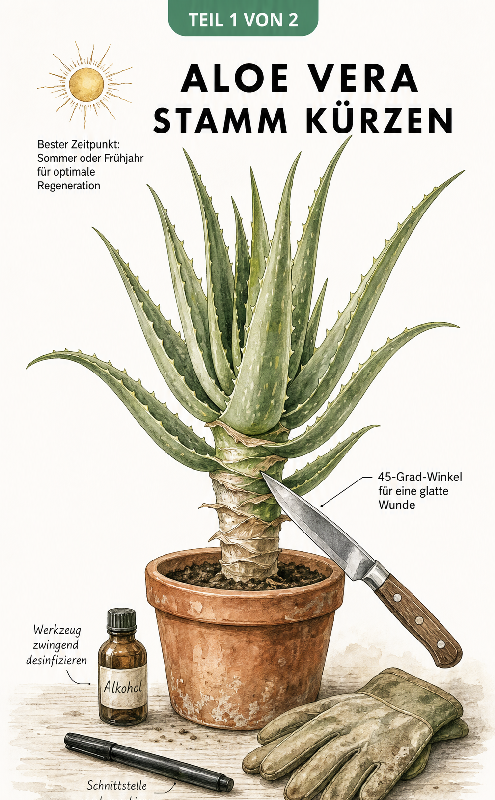 Illustration einer Aloe Vera im Topf, deren Stamm mit einem Messer im 45-Grad-Winkel gekürzt wird, umgeben von Desinfektionsmittel und Handschuhen.