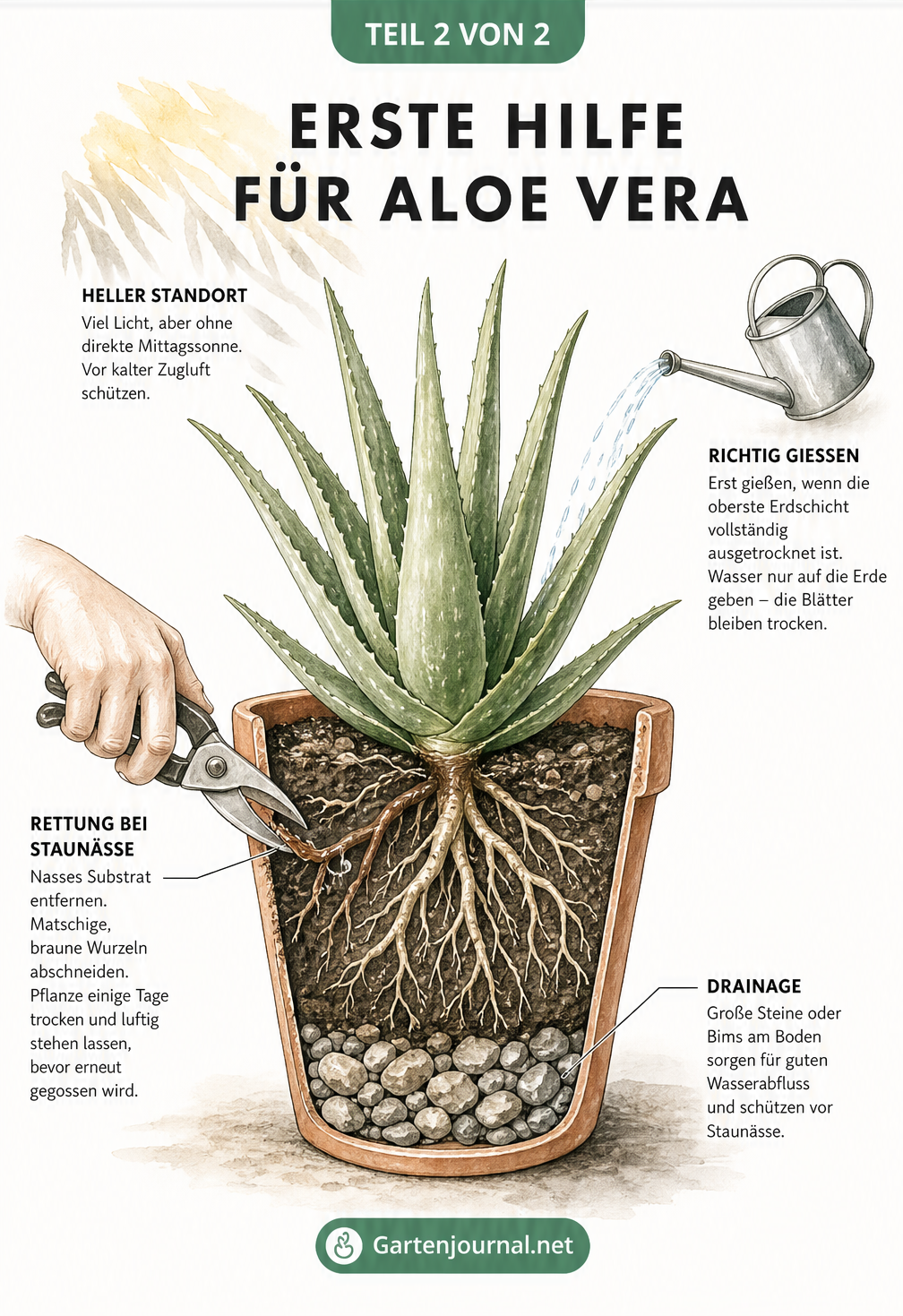 Querschnitt eines Blumentopfs mit einer Aloe Vera, der die richtige Bewässerung, Drainage und das Entfernen fauler Wurzeln zeigt