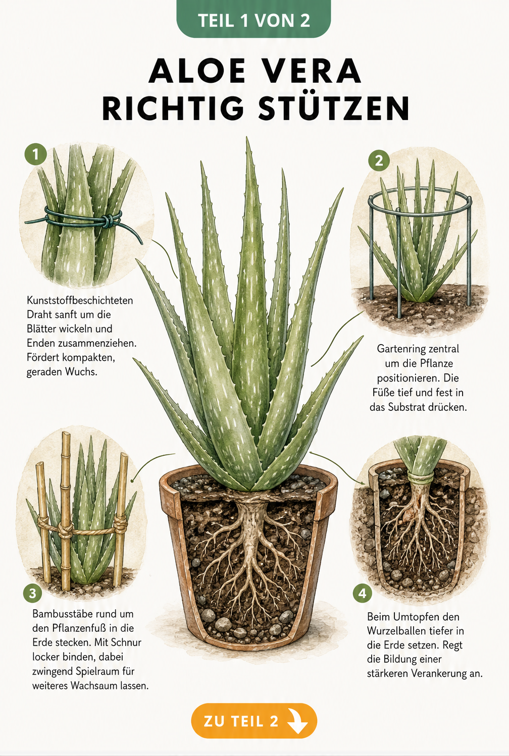 Illustration einer Aloe Vera mit vier Stützmethoden: Draht, Gartenring, Bambusstäbe und tieferes Einpflanzen