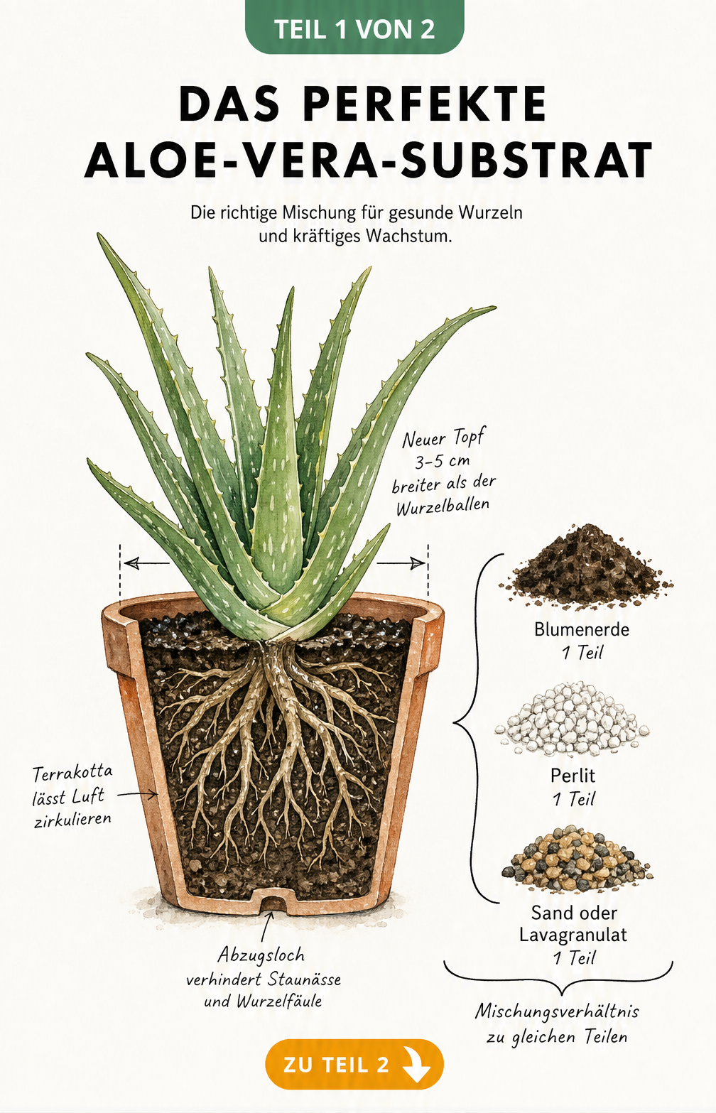 Schnittdarstellung eines bepflanzten Terrakotta-Topfes mit Aloe Vera und dem idealen Mischungsverhältnis für das Substrat