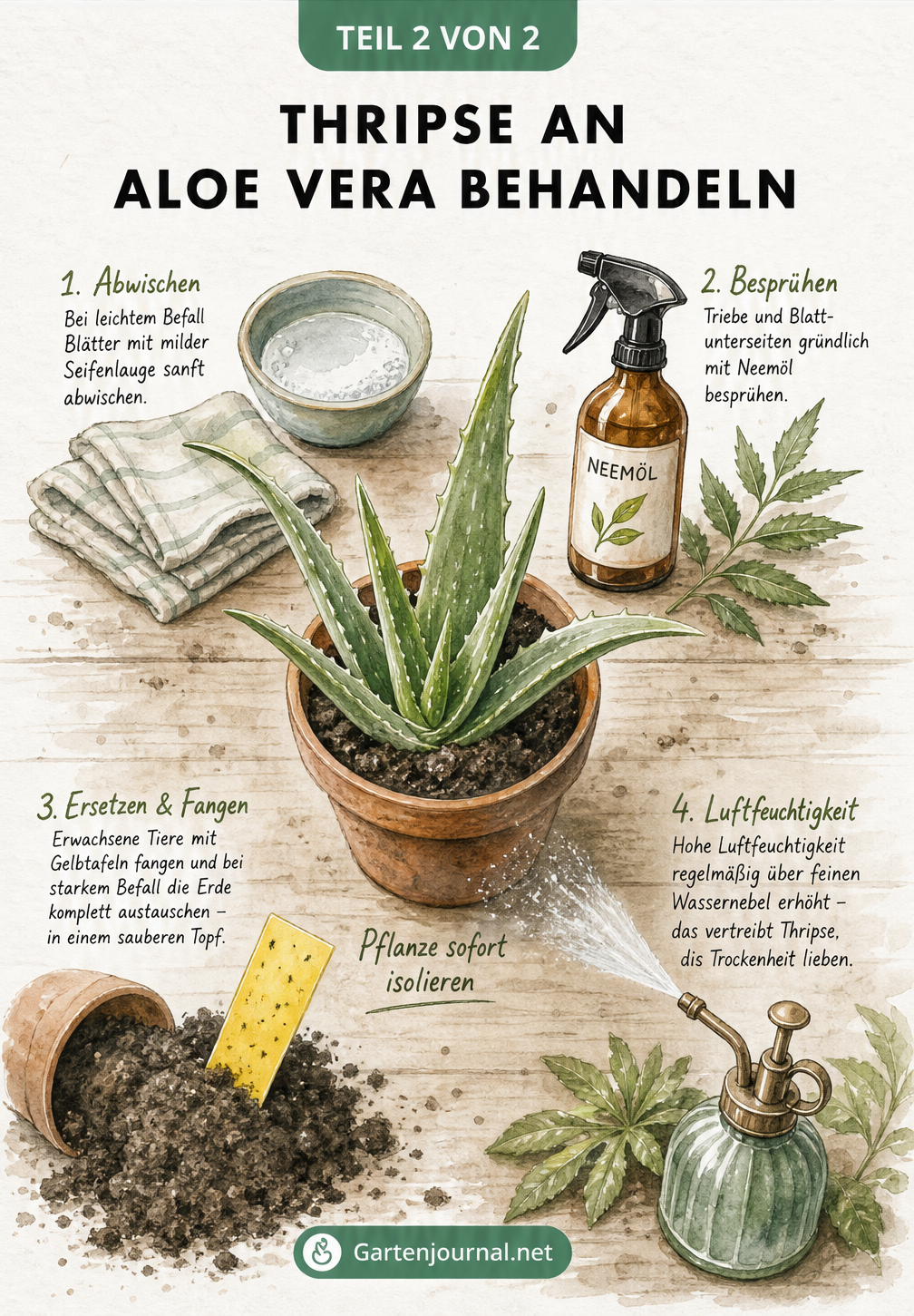 Gezeichnete Werkbank mit Aloe Vera, Seifenlauge, Neemöl, Klebefalle und Sprühflasche zur Thripse-Bekämpfung
