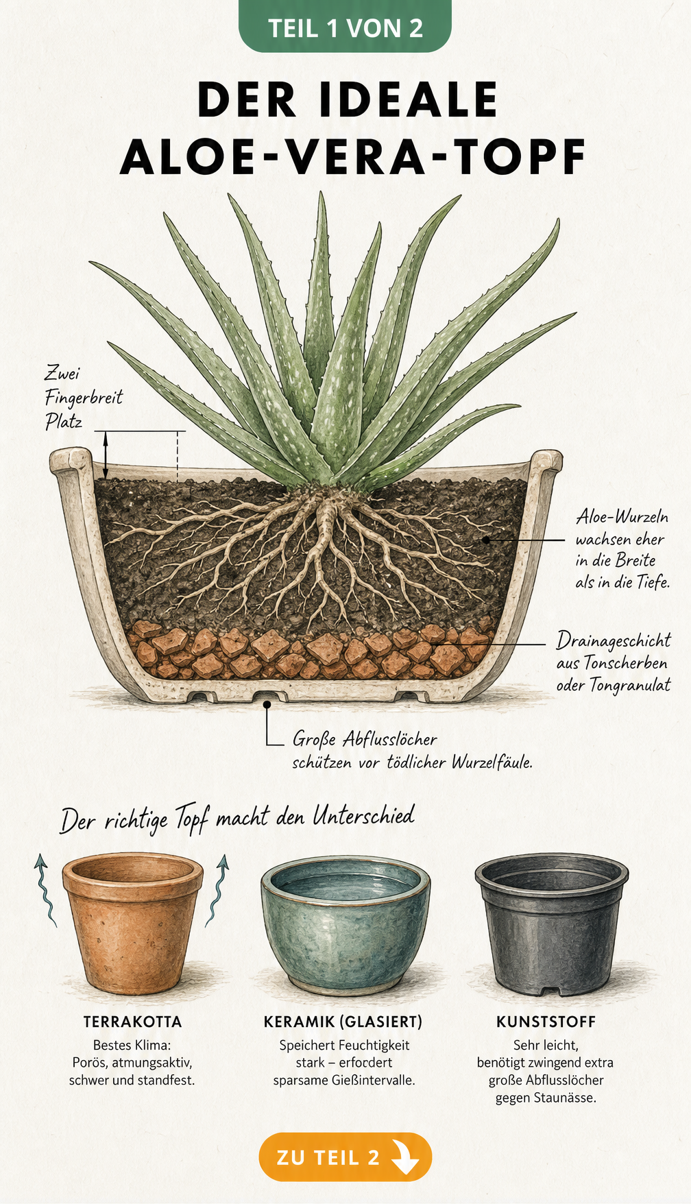 Querschnitt eines Aloe Vera Topfes mit Drainageschicht und Materialvergleich von Terrakotta, Keramik und Kunststoff
