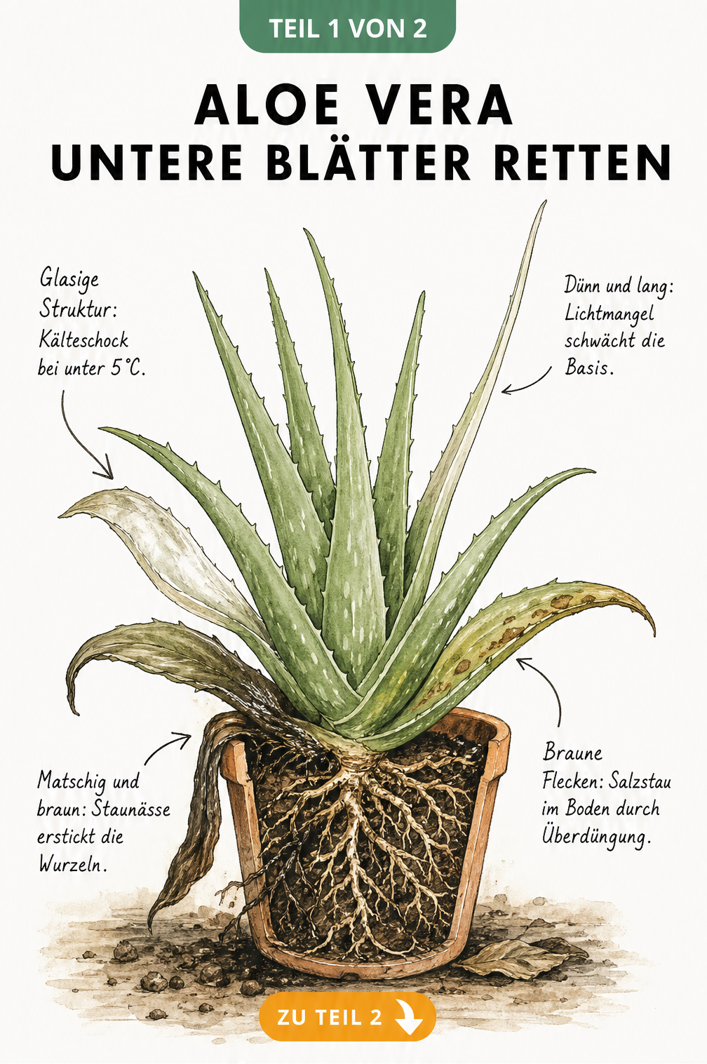 Handgezeichnete Illustration einer Aloe Vera, die Ursachen für absterbende untere Blätter wie Kälteschock, Staunässe, Lichtmangel und Überdüngung zeigt.