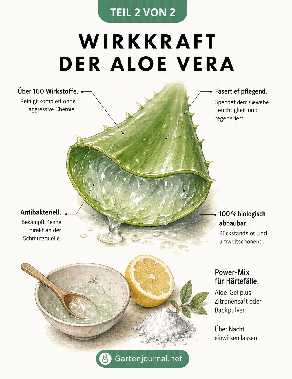 Detailzeichnung eines aufgeschnittenen Aloe-Vera-Blattes mit Erklärungen zu den reinigenden und pflegenden Wirkstoffen